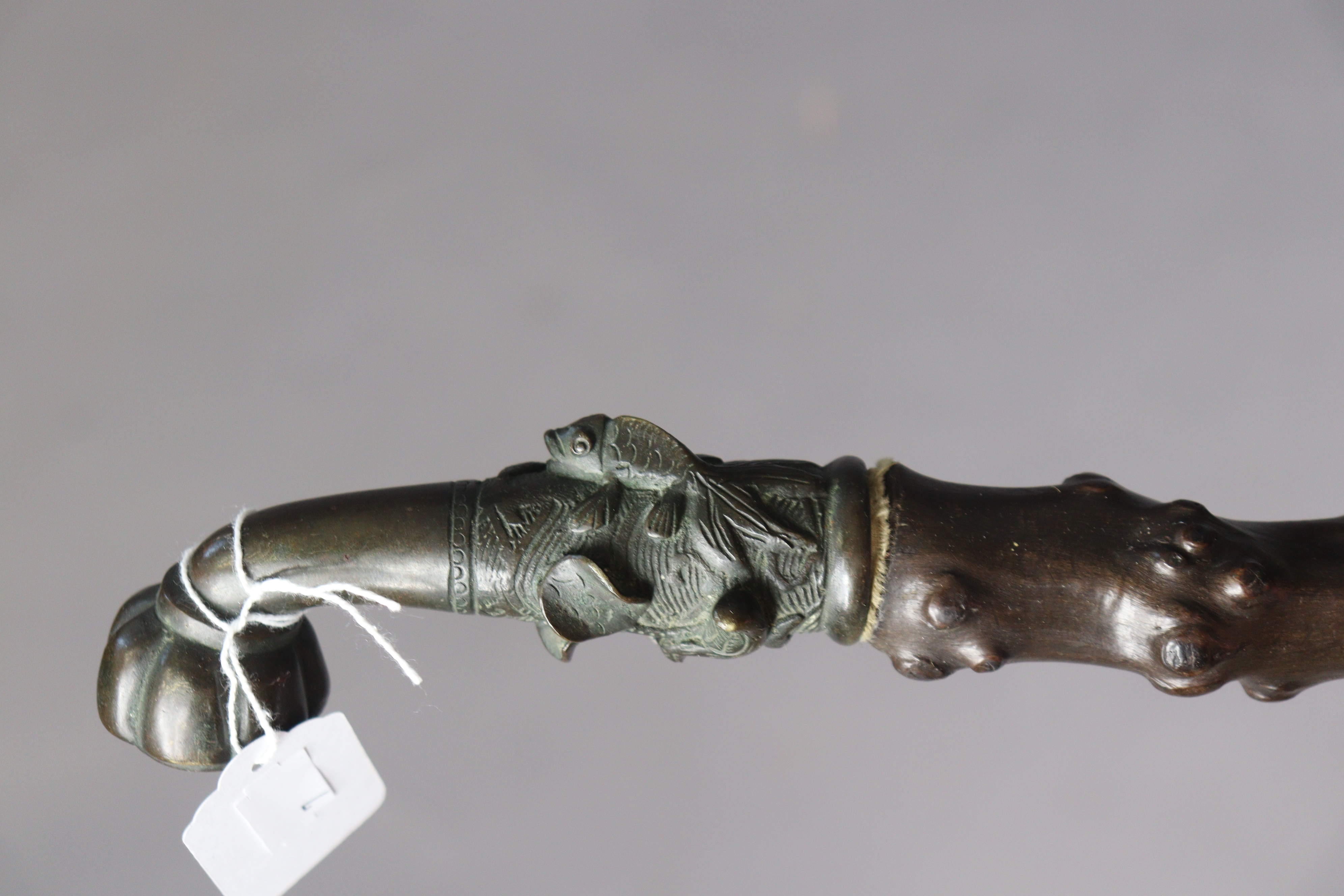 A vintage eastern hawthorn opium pipe with bronzed fittings, 77cm long; a treen ditto, 105cm long; & - Image 6 of 11