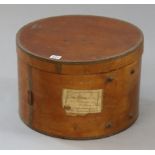 A Shaker-style plywood cylindrical hatbox, 40.5cm diameter x 26.5cm high.