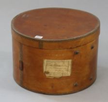 A Shaker-style plywood cylindrical hatbox, 40.5cm diameter x 26.5cm high.