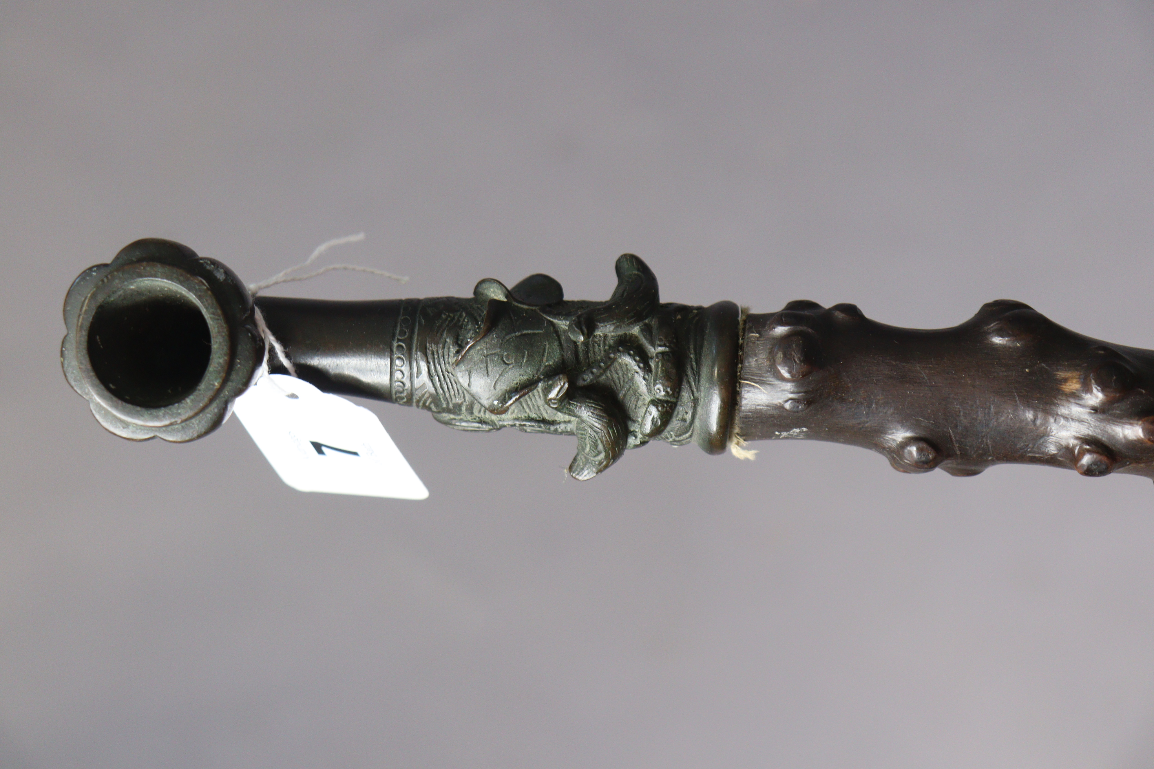 A vintage eastern hawthorn opium pipe with bronzed fittings, 77cm long; a treen ditto, 105cm long; & - Image 8 of 11