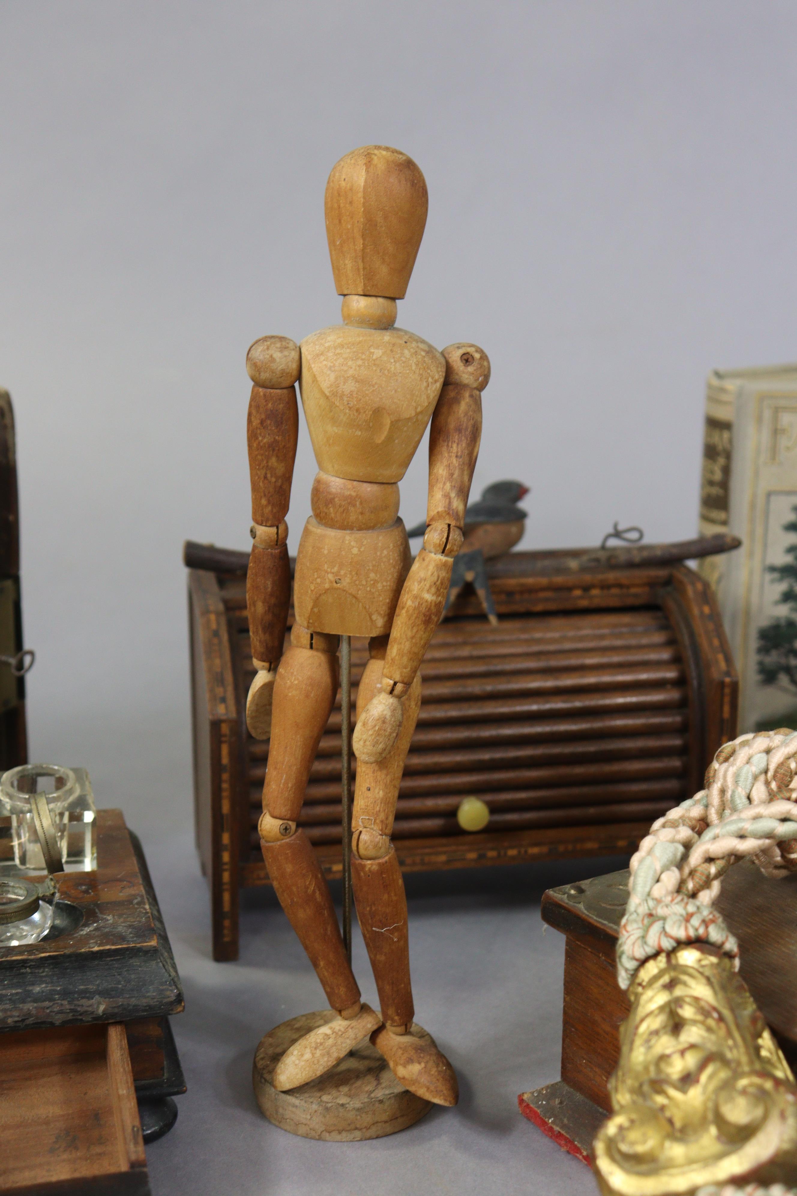 A treen artist’s lay model, 33cm high; a Tate artist’s hand model; an enamelled saucepan; a treen - Image 2 of 11