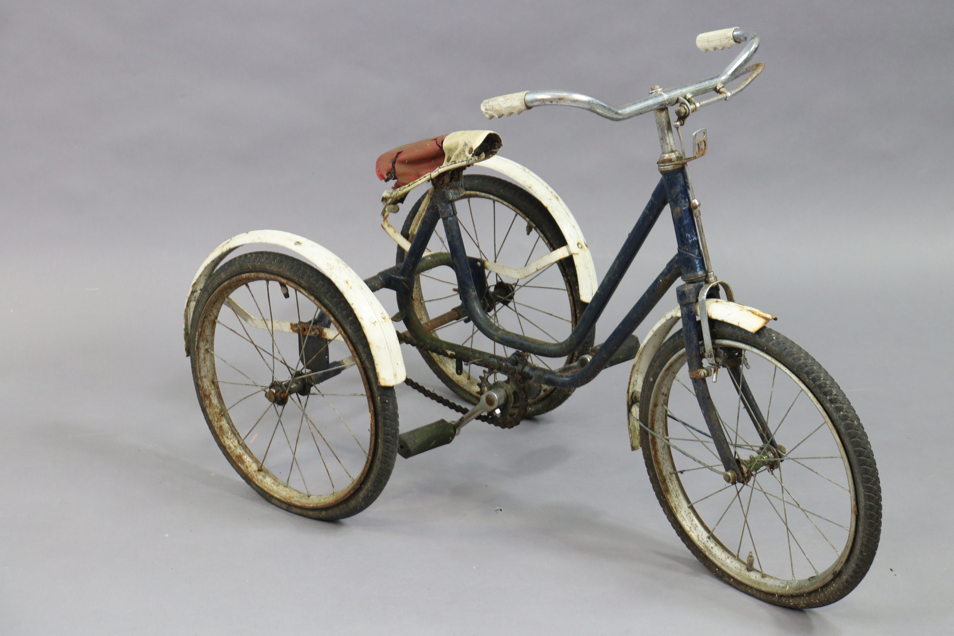 A mid-20th century child’s tricycle (blue) and a triang-type model two-truck, 42cm long. - Image 2 of 5