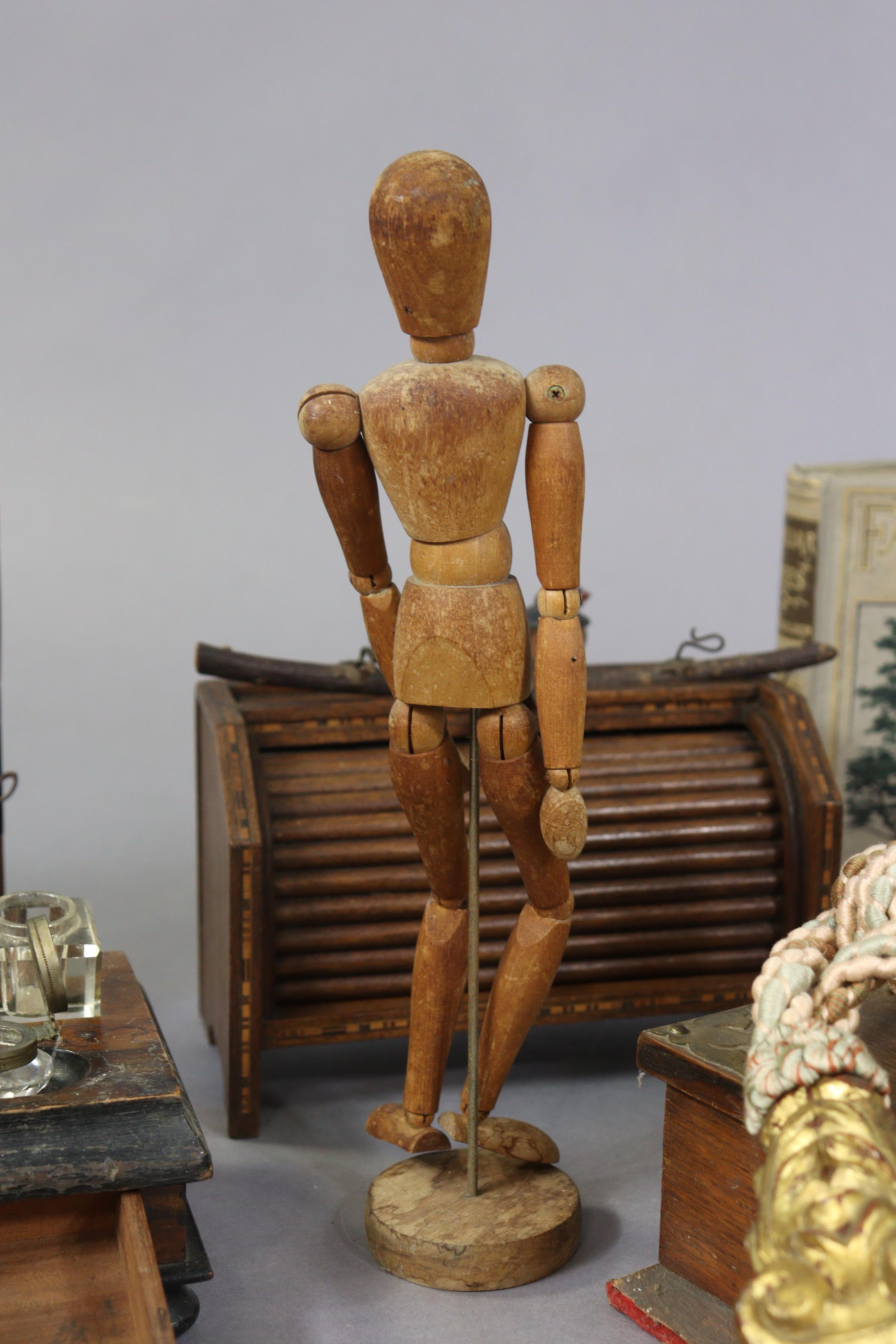 A treen artist’s lay model, 33cm high; a Tate artist’s hand model; an enamelled saucepan; a treen - Image 3 of 11