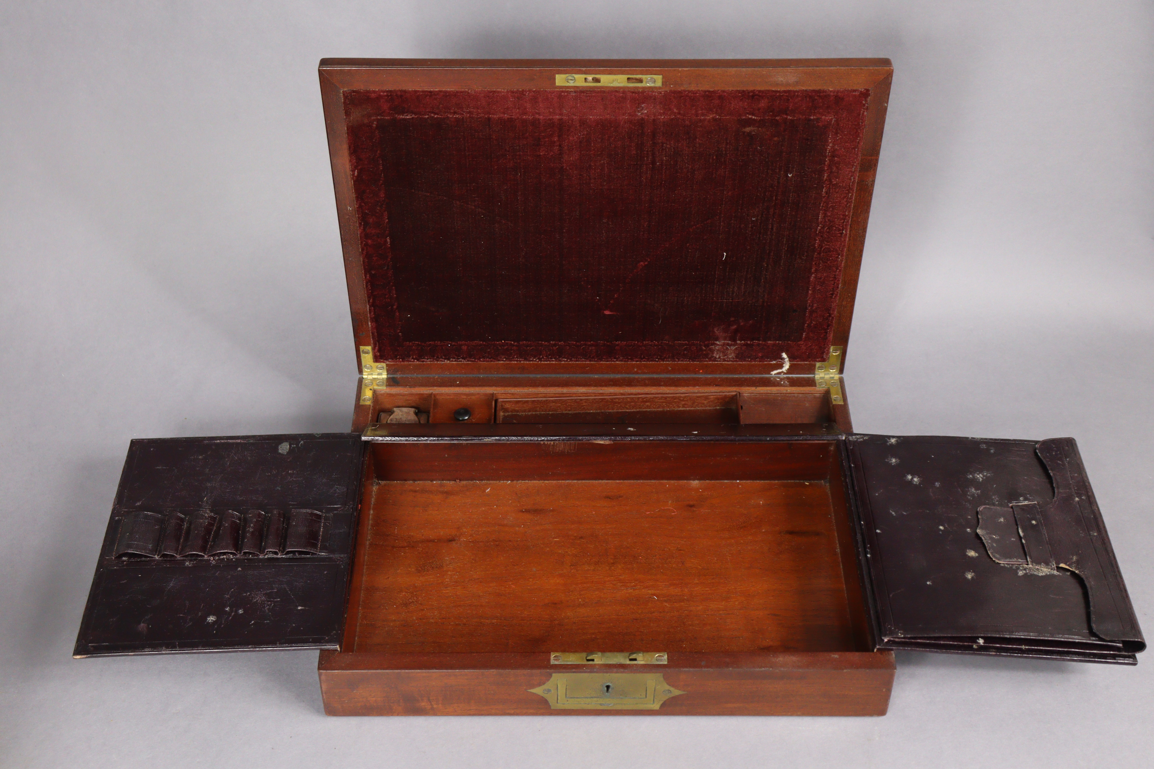 An early Victorian mahogany & brass inlaid travelling writing case, the hinged lid revealing morocco - Image 2 of 8