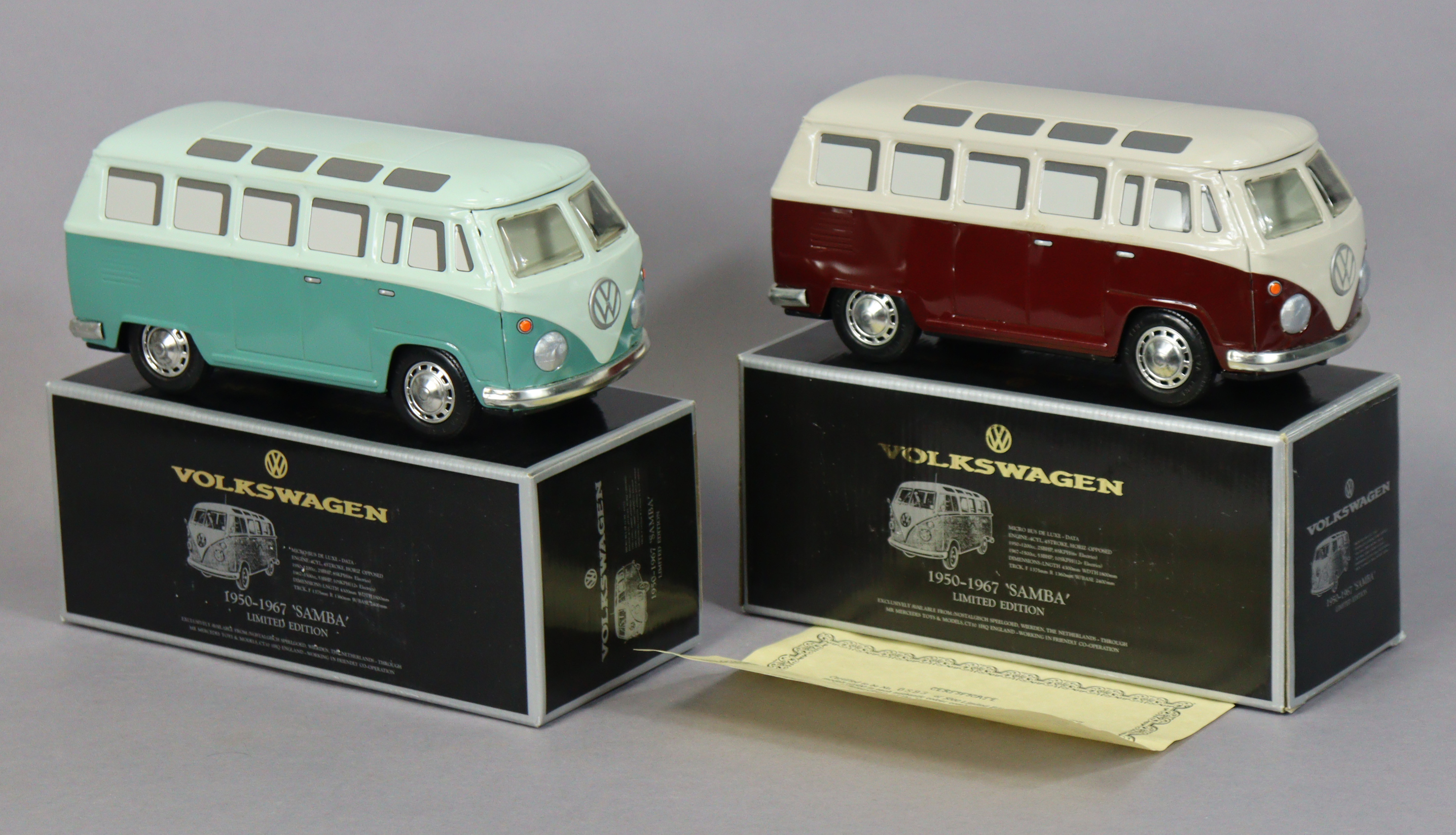Two Ichiko Limited Edition scale model Volkswagen 1950-1967 “Samba” camper vans; both boxed.