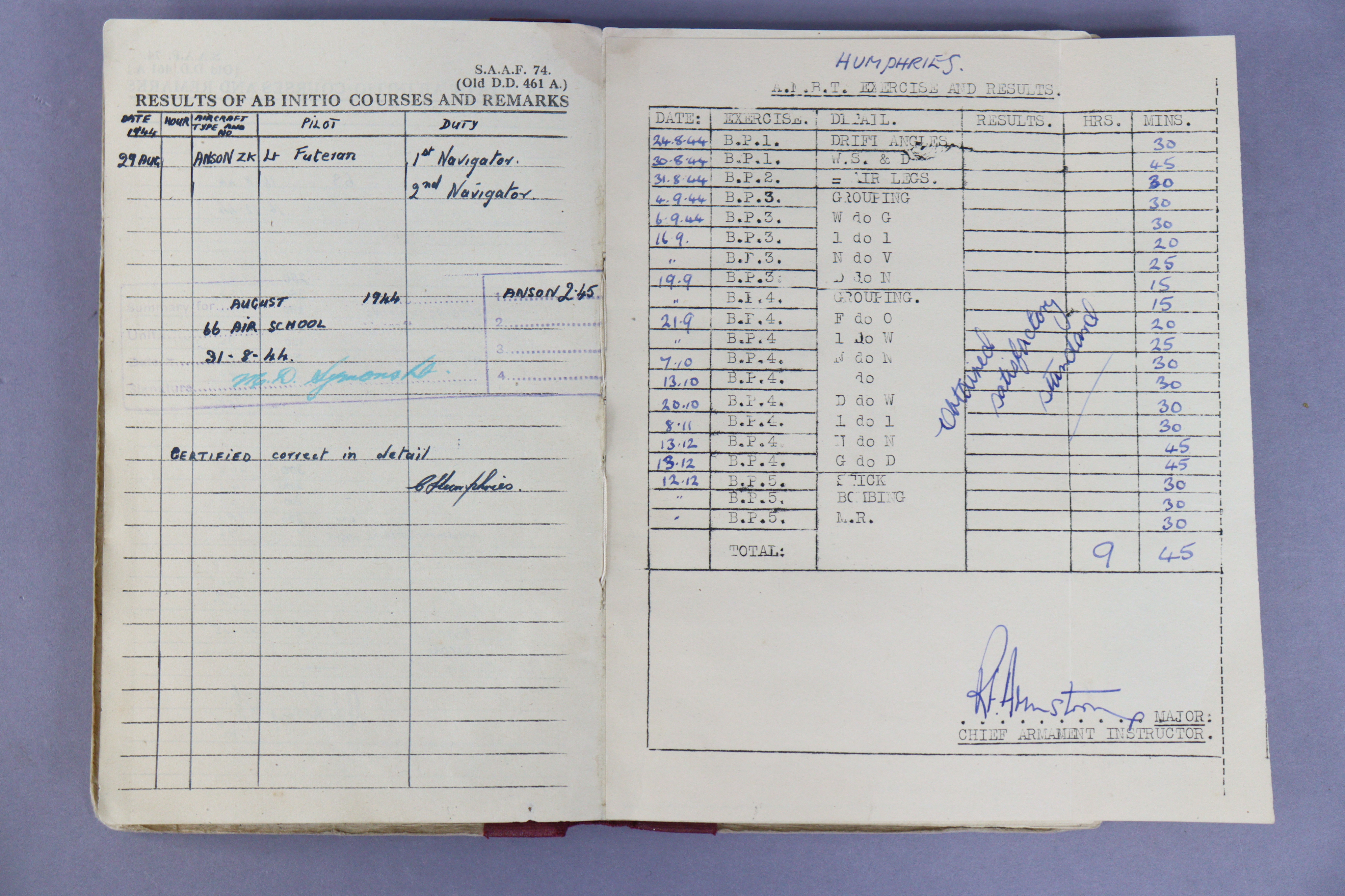 A WWII R.A.F. “Observer’s And Air Gunner’s Flying Log Book” dated 1944. - Image 4 of 6