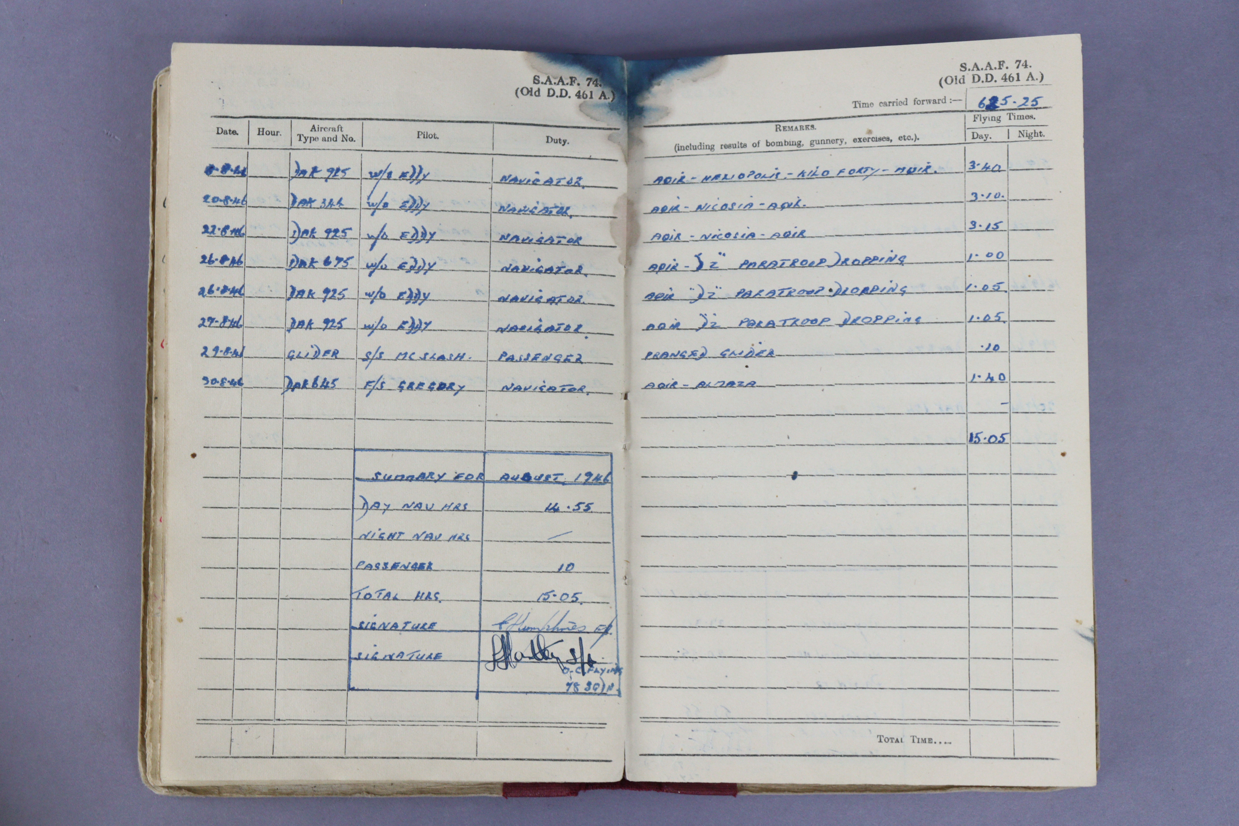 A WWII R.A.F. “Observer’s And Air Gunner’s Flying Log Book” dated 1944. - Image 6 of 6