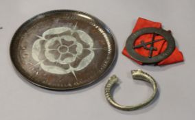 A Masonic regalia pendant; a silvered-metal slave’s bracelet; & an arts & crafts – style copper &