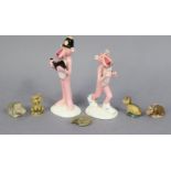 Five Wade whimsies; two Japanese pink panther characters; & various loose stamps & coins.