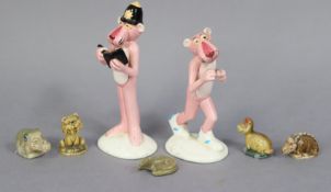 Five Wade whimsies; two Japanese pink panther characters; & various loose stamps & coins.
