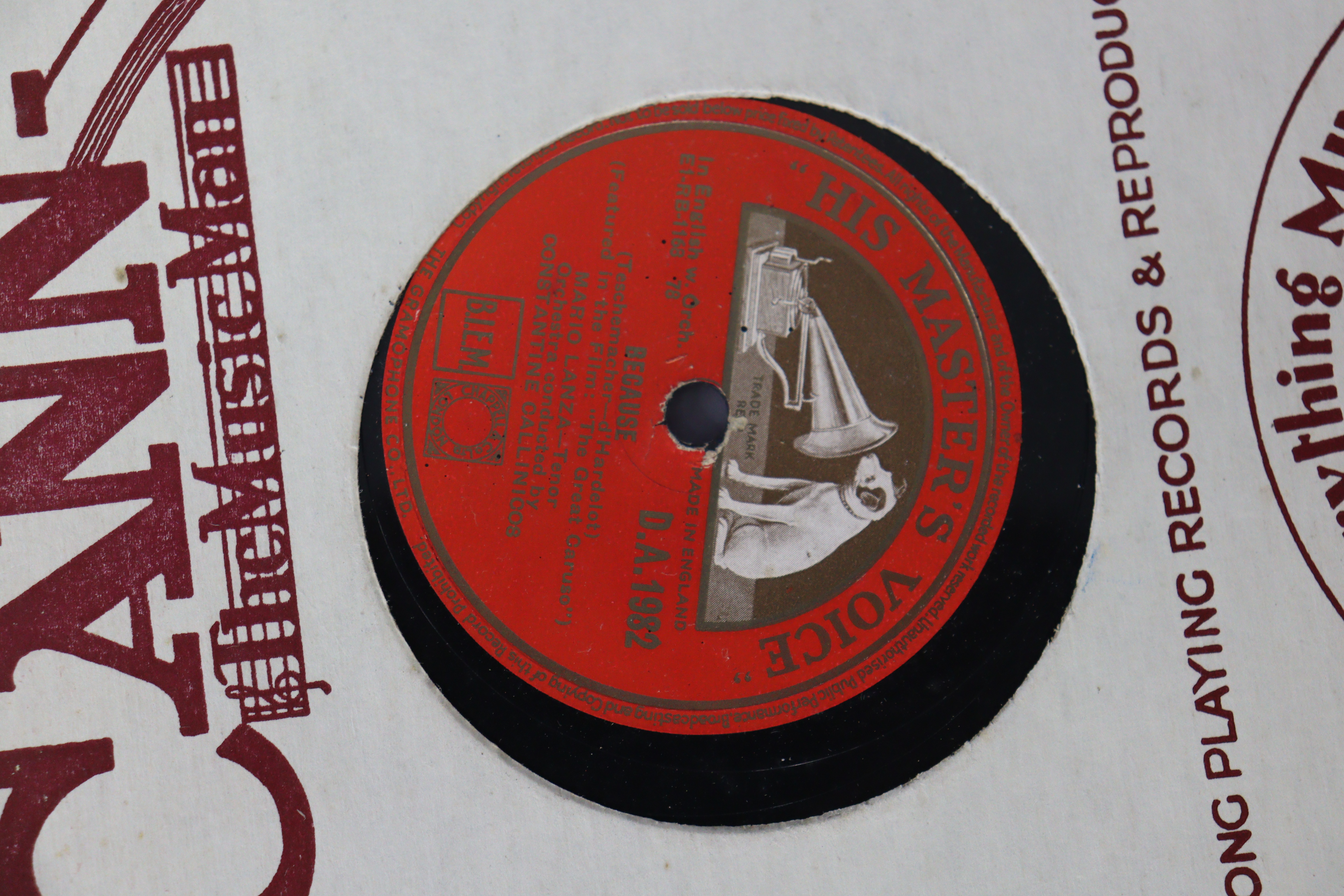 A vintage HMV portable gramophone in a red fibre-covered case; & six 78 r.p.m. records. - Bild 9 aus 9