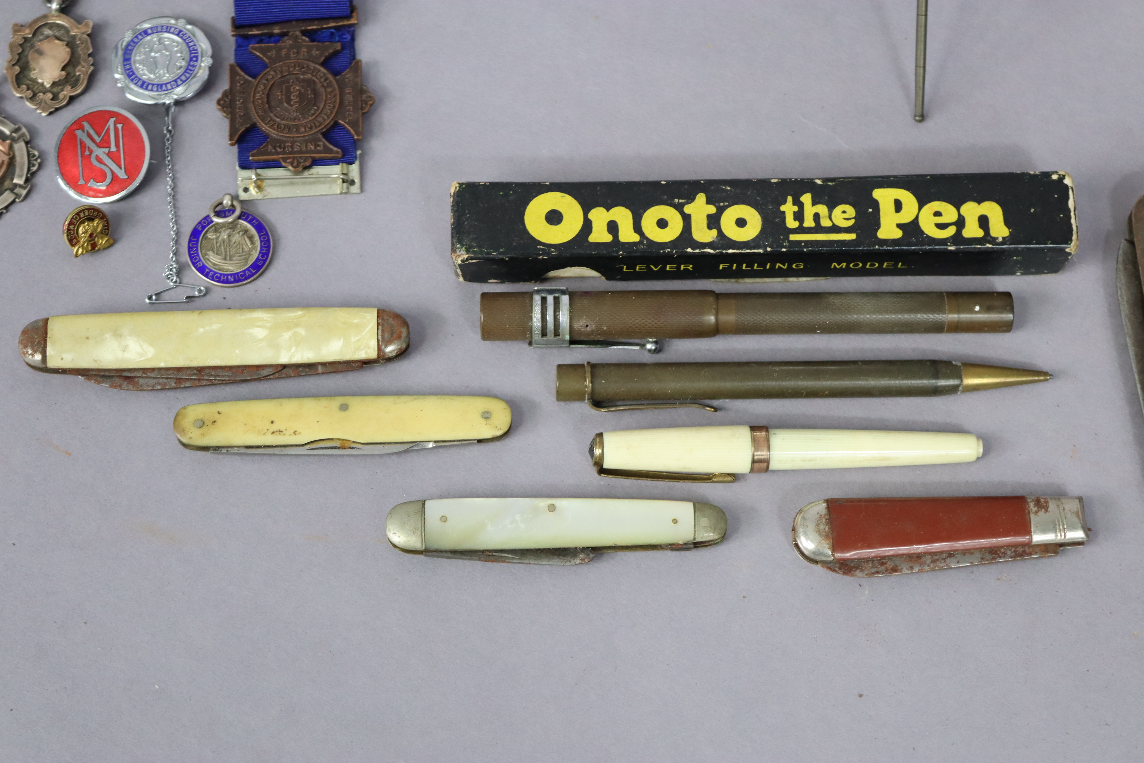 Two silver sporting medals; a brass sovereign scale; two cigarette lighters; three various pens; & - Image 5 of 6