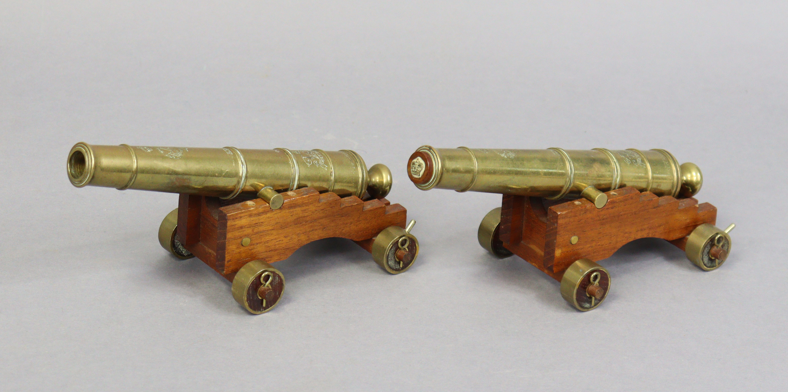 A pair of brass cannons, each inscribed “W. NORTH 1848” & with a military arrow, & each mounted on - Image 2 of 8