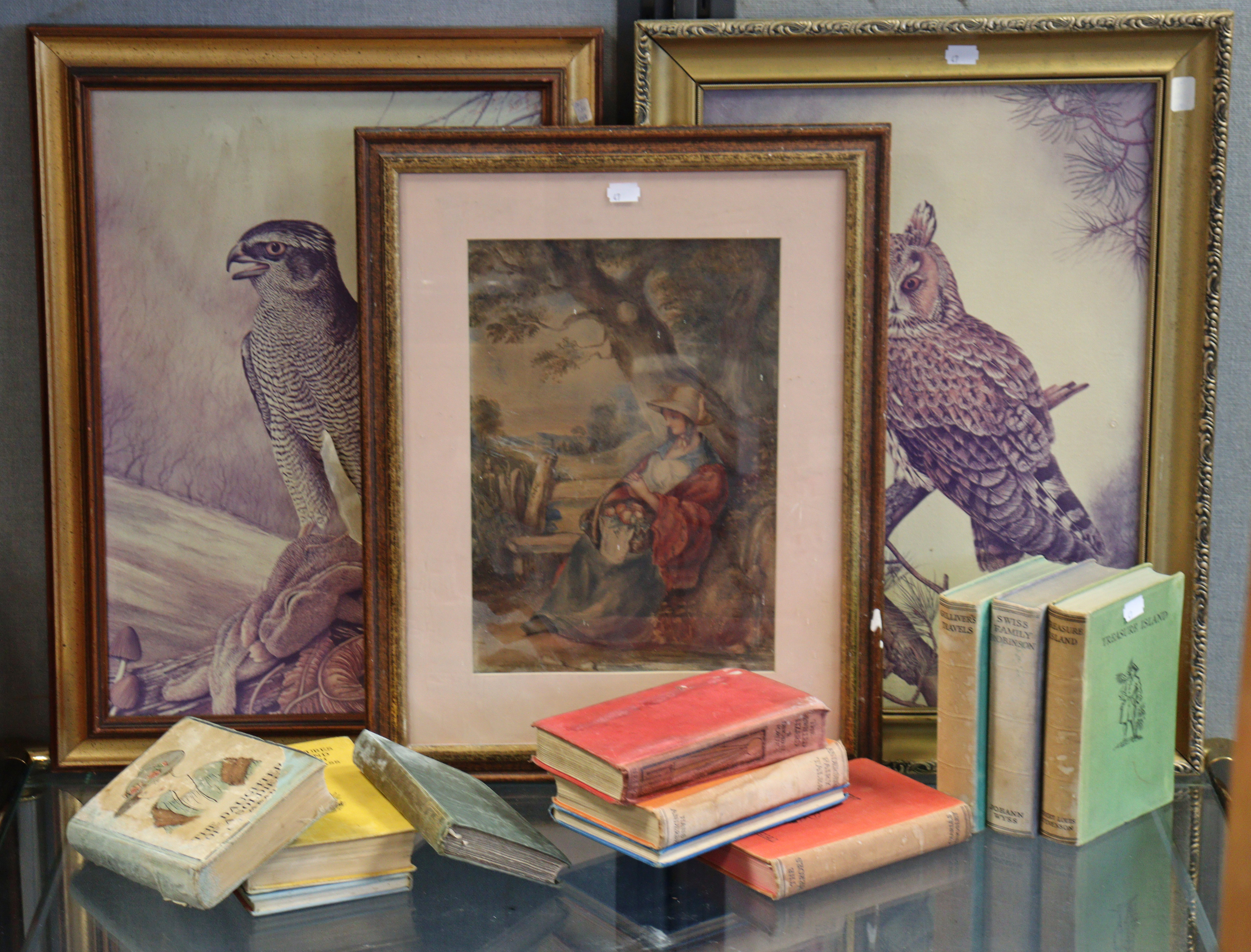Eight various decorative pictures; & eleven various books.
