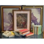 Eight various decorative pictures; & eleven various books.