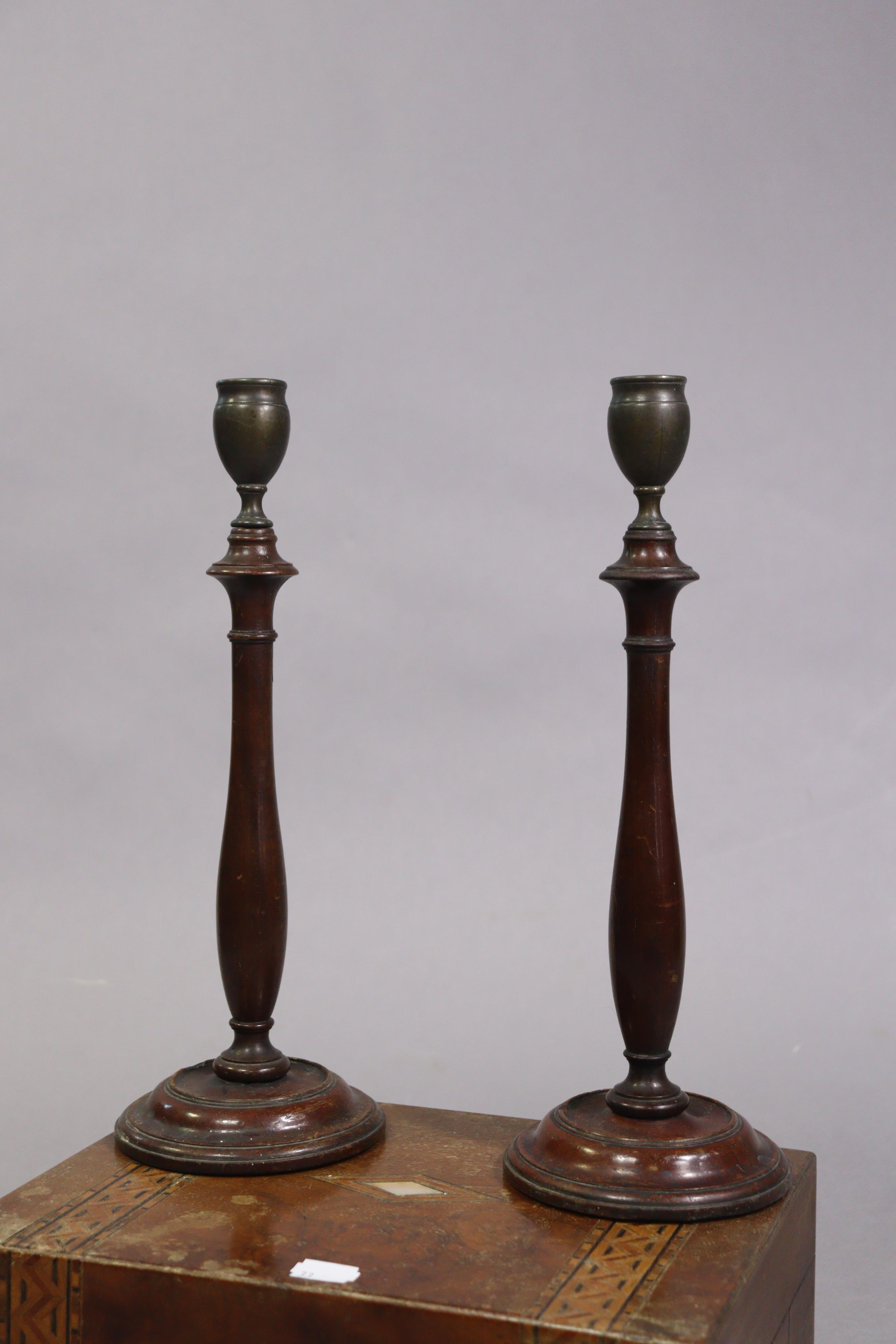 A pair of late 19th/early 20th century treen & bronzed metal candlesticks each with a baluster- - Image 2 of 6