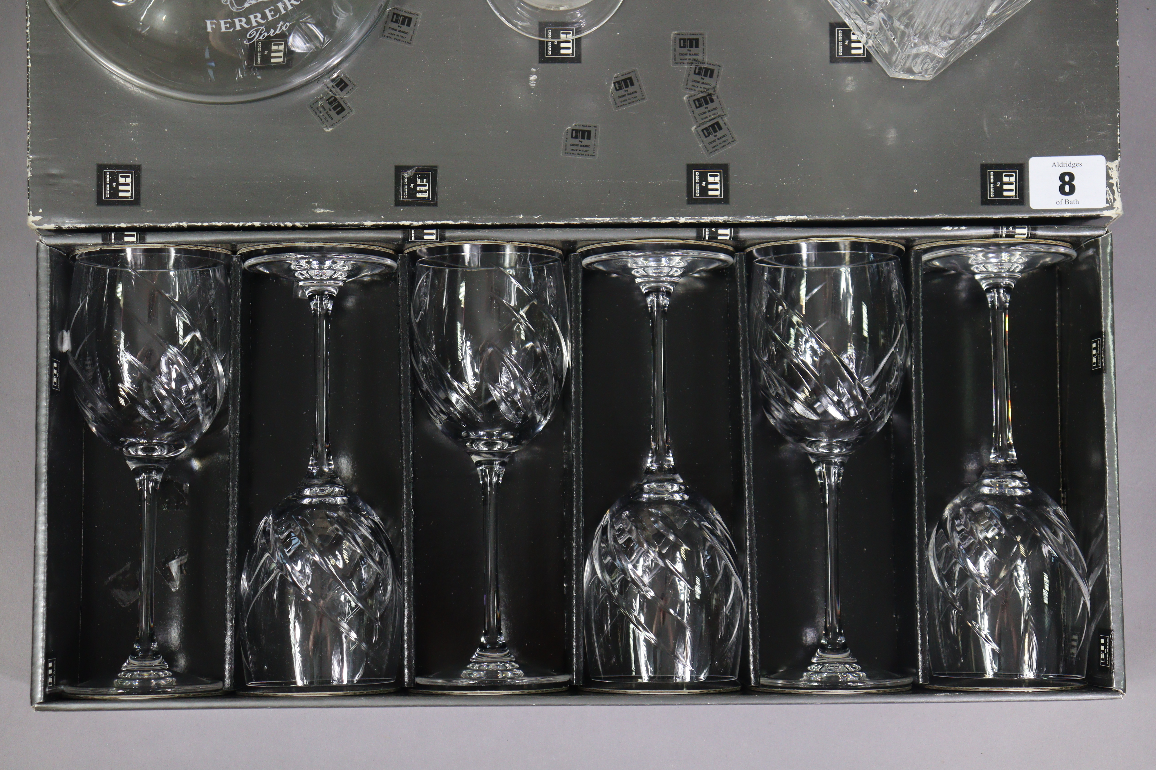 A set of six Cioni Mario wine glasses, boxed; & two glass decanters. - Image 2 of 2