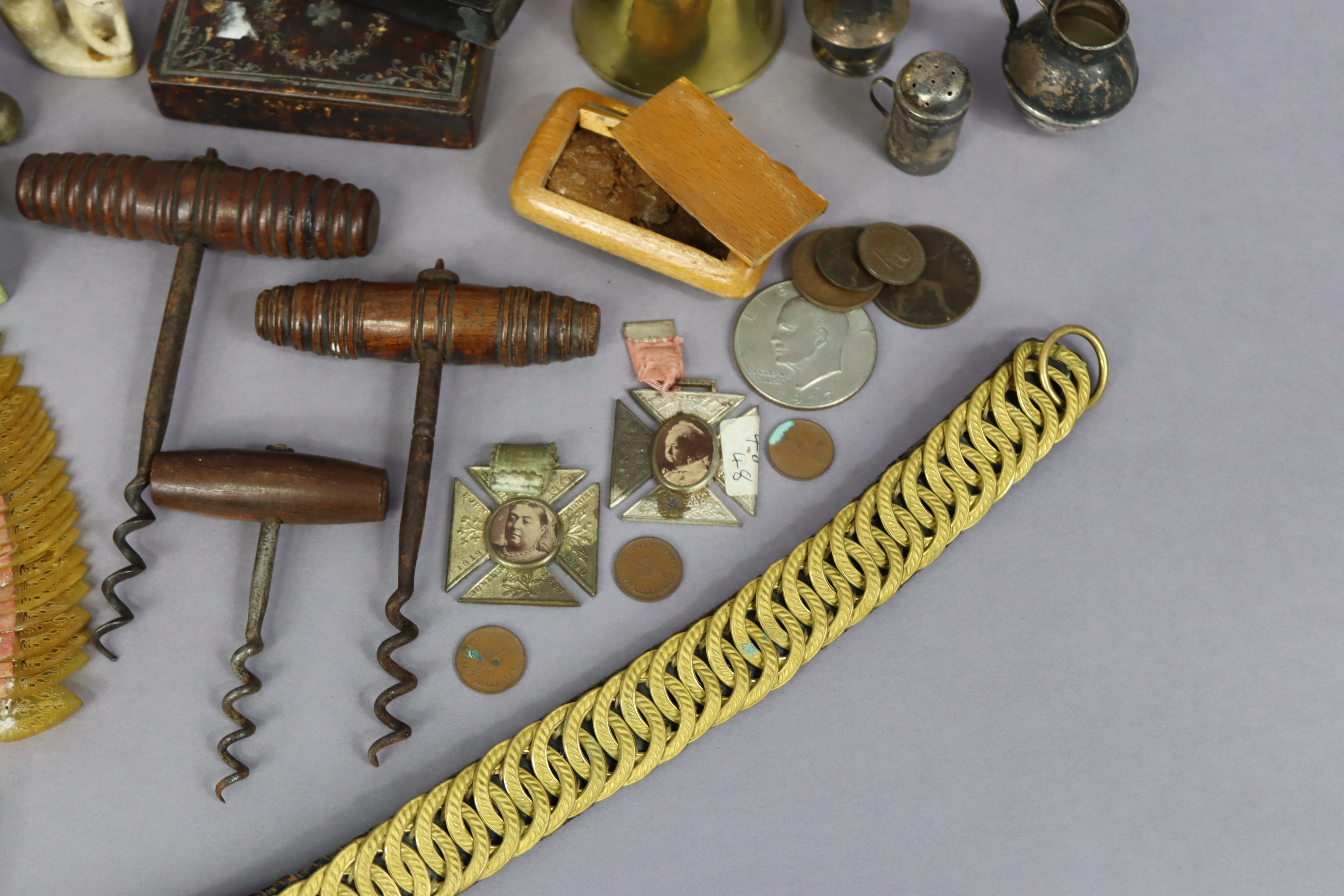 Three small silver condiments; three vintage corkscrews; three snuff boxes; & sundry other items. - Image 2 of 7