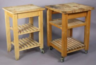 Two beech rectangular three-tier kitchen islands each on square supports, 59.75cm wide x 87cm