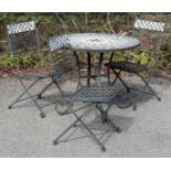 A painted metal fold-away circular garden table & matching set of three fold-away chairs, each with