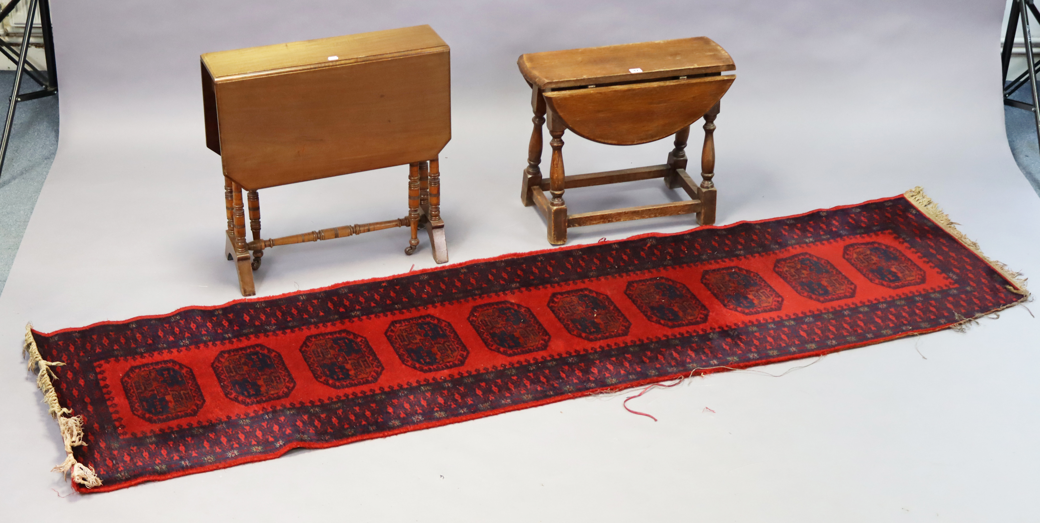 A vintage Persian runner, & two drop-leaf occasional tables. - Image 2 of 4