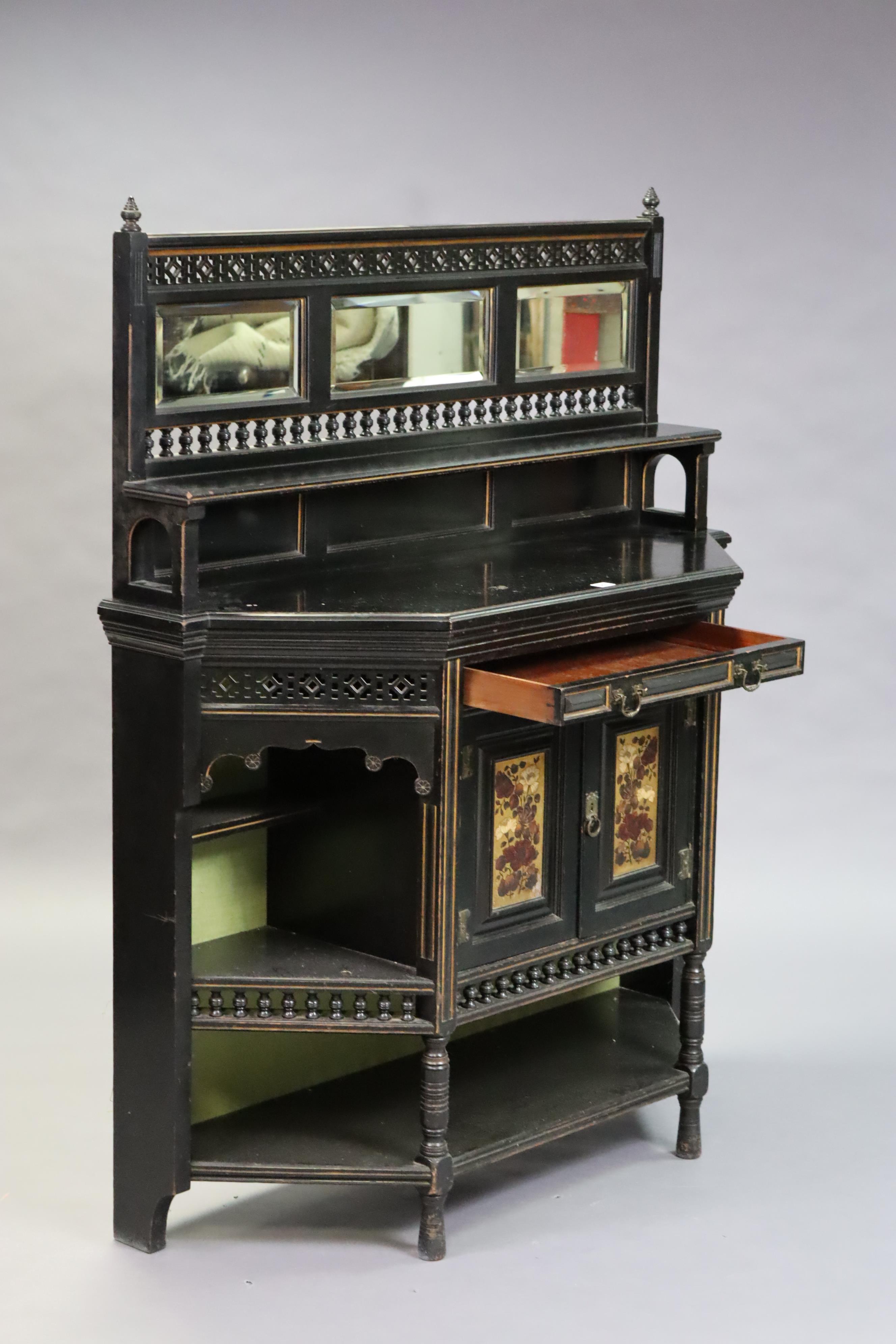 A late Victorian aesthetic-style ebonised wooden side cabinet, inset three bevelled mirror plates to - Image 4 of 6