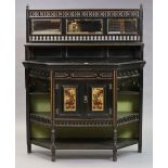 A late Victorian aesthetic-style ebonised wooden side cabinet, inset three bevelled mirror plates to