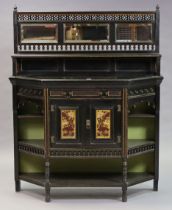 A late Victorian aesthetic-style ebonised wooden side cabinet, inset three bevelled mirror plates to