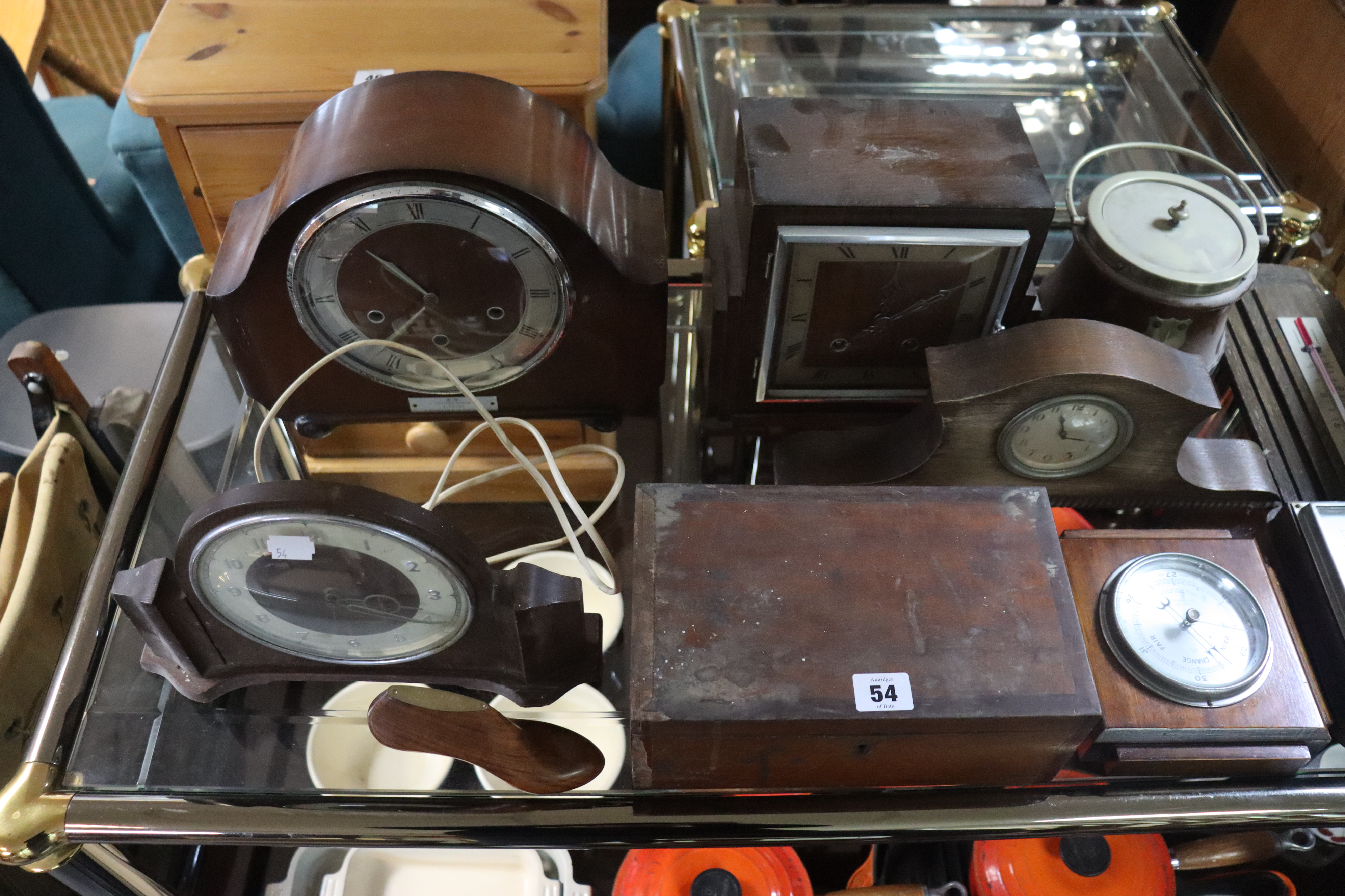 Three mantel clocks; three wall barometers; a biscuit barrel; & a trinket box. - Image 3 of 3