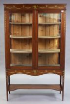 An Edwardian mahogany tall china display cabinet with painted decoration, fitted three shelves