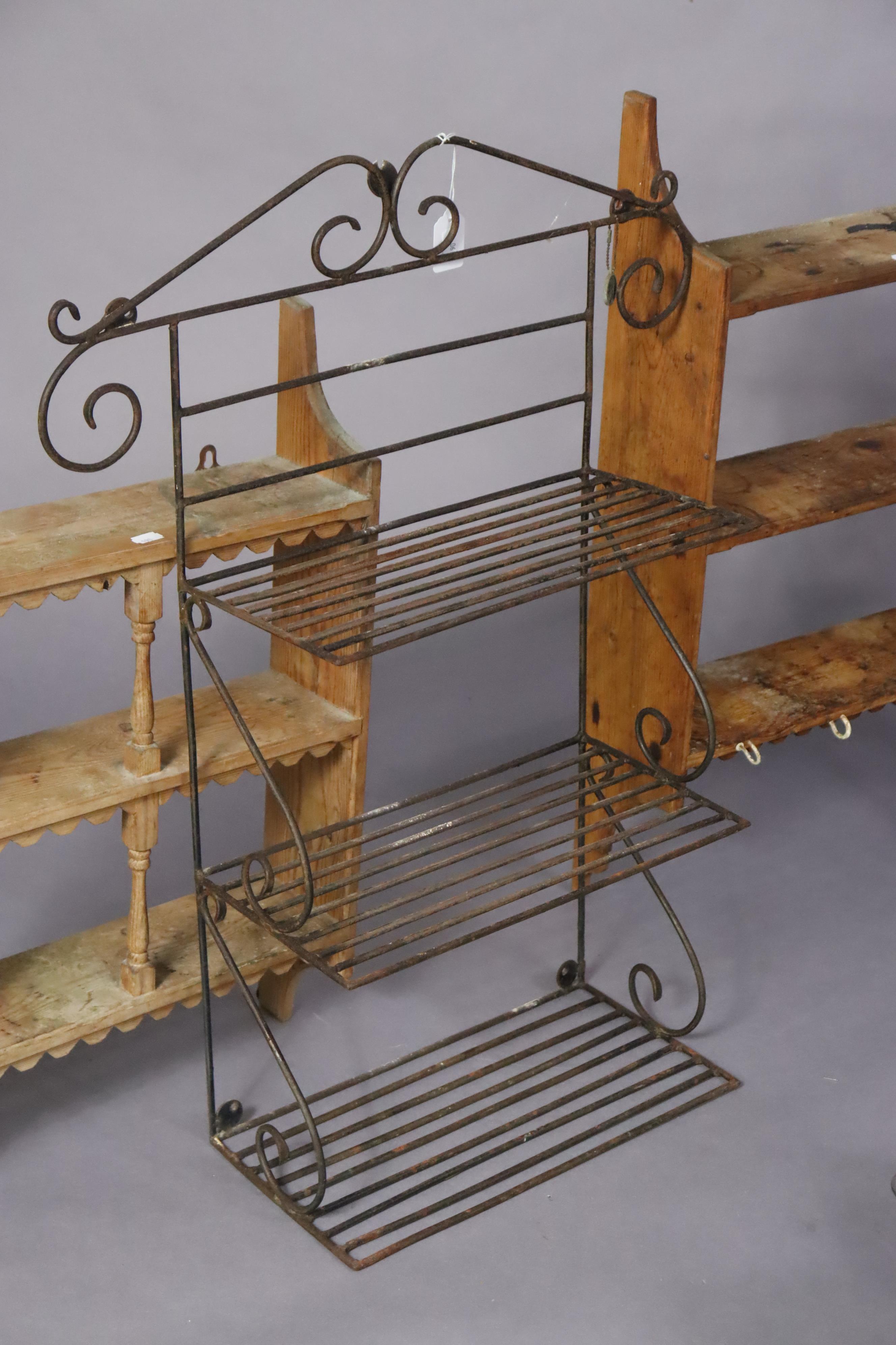 A pine wall-mounted plate rack, 61.5cm wide x 43cm high; together with two small sets of pine wall - Image 2 of 7