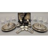 A pair of silver-plated oval entrée dishes; together with various other items of plated ware &