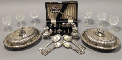 A pair of silver-plated oval entrée dishes; together with various other items of plated ware &
