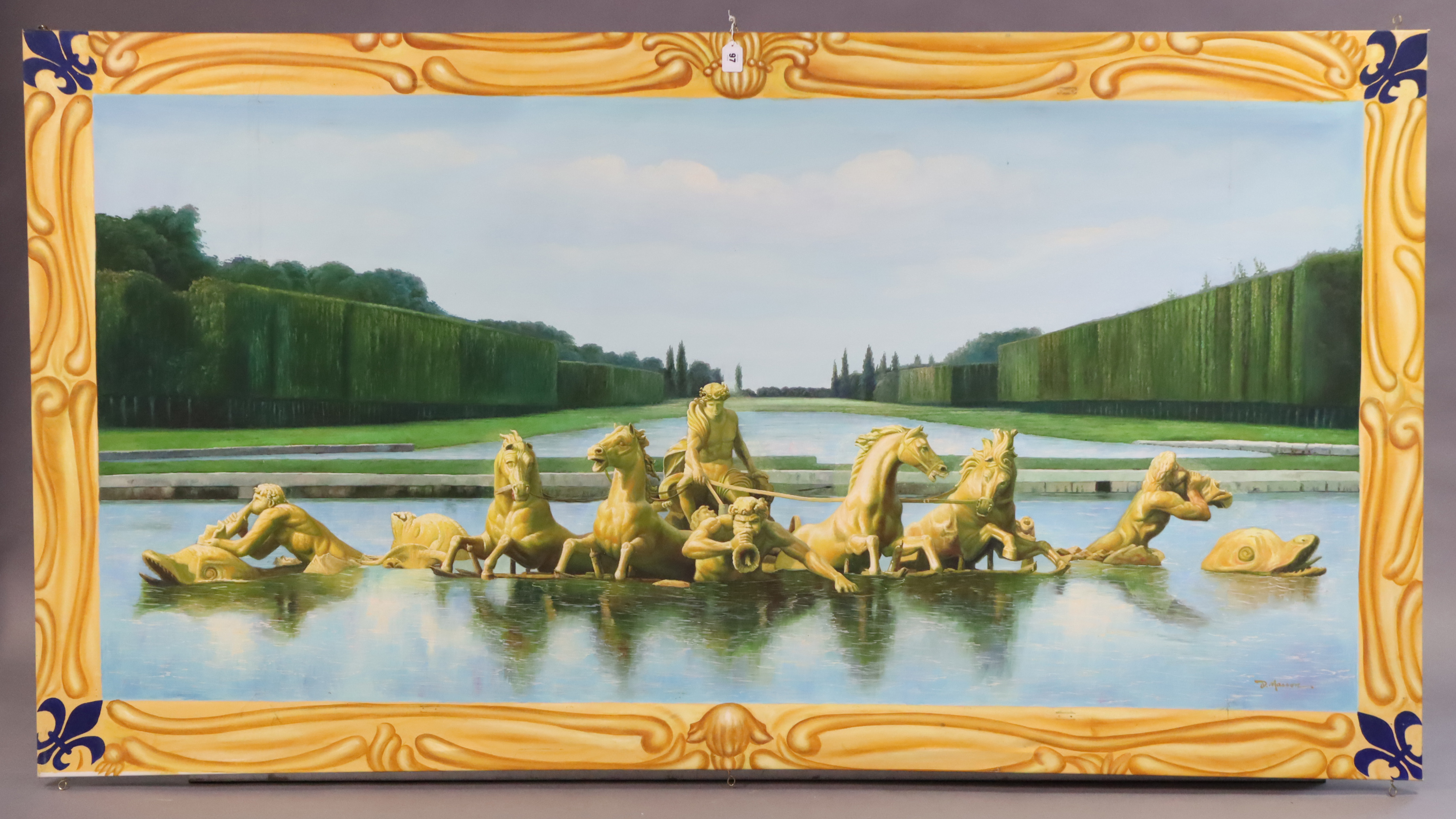 A modern large oil painting on canvas depicting a horse-drawn chariot in a garden setting, 117cm x