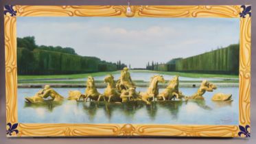 A modern large oil painting on canvas depicting a horse-drawn chariot in a garden setting, 117cm x