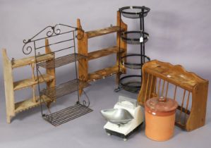 A pine wall-mounted plate rack, 61.5cm wide x 43cm high; together with two small sets of pine wall