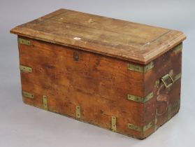 A brass-bound hardwood blanket box with a hinged lift-lid, & with iron side handles, 80cm wide x