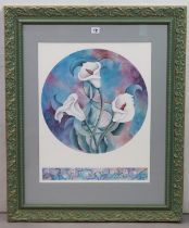 A large coloured botanical print titled to reverse “Calla Lilies”, 54.5cm x 42.5cm, in a glazed