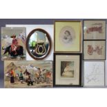 An oval wall mirror & various decorative pictures.