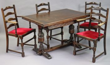 A mid-20th century oak draw-leaf dining table on carved bulbous-turned end supports joined by