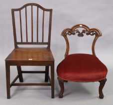 A carved rail-back cottage chair with a hard seat & on square legs with plain stretchers; & a