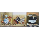 Three oil paintings on canvas depicting humorous scenes in the style of Jennifer Garrant,