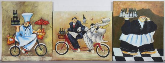 Three oil paintings on canvas depicting humorous scenes in the style of Jennifer Garrant,