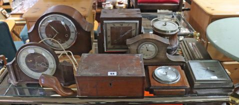 Three mantel clocks; three wall barometers; a biscuit barrel; & a trinket box.