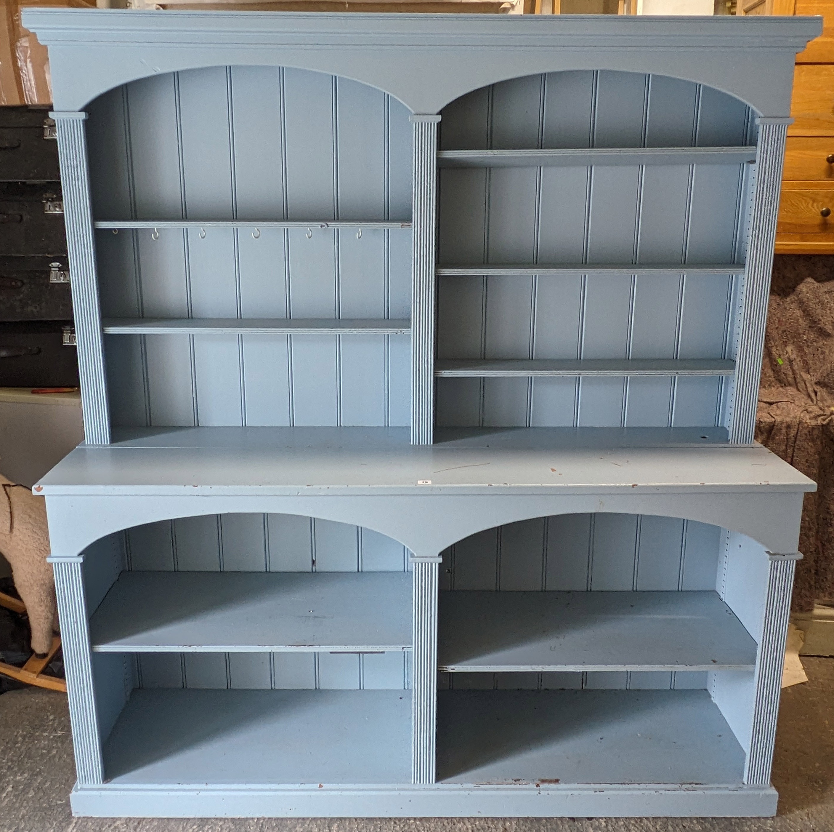 A pale blue painted pine dresser the upper part with five adjustable shelves & with a panelled back, - Bild 2 aus 3