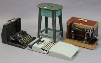 A green painted wooden stool; together with a vintage Singer hand sewing machine; & two portable