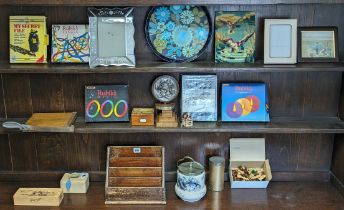 A treen letter-rack; a floral decorated china biscuit barrel; & sundry other items.