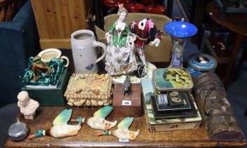 Various items of decorative china & pottery; together with numerous advertising tins; a shell-