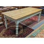 A pine farmhouse table with four-board scrub-top on light-blue painted turned supports, 195cm long x