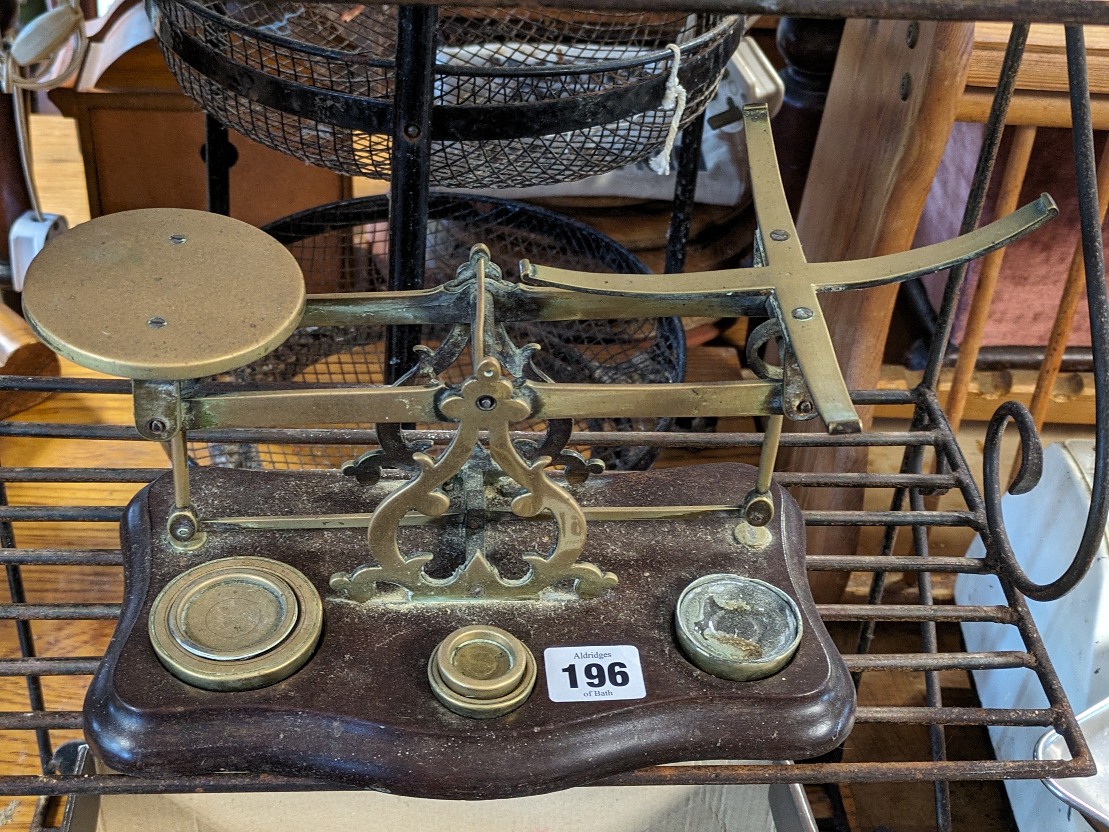 A vintage brass letter scale mounted on a mahogany serpentine-front platform base, with weights; - Image 3 of 4